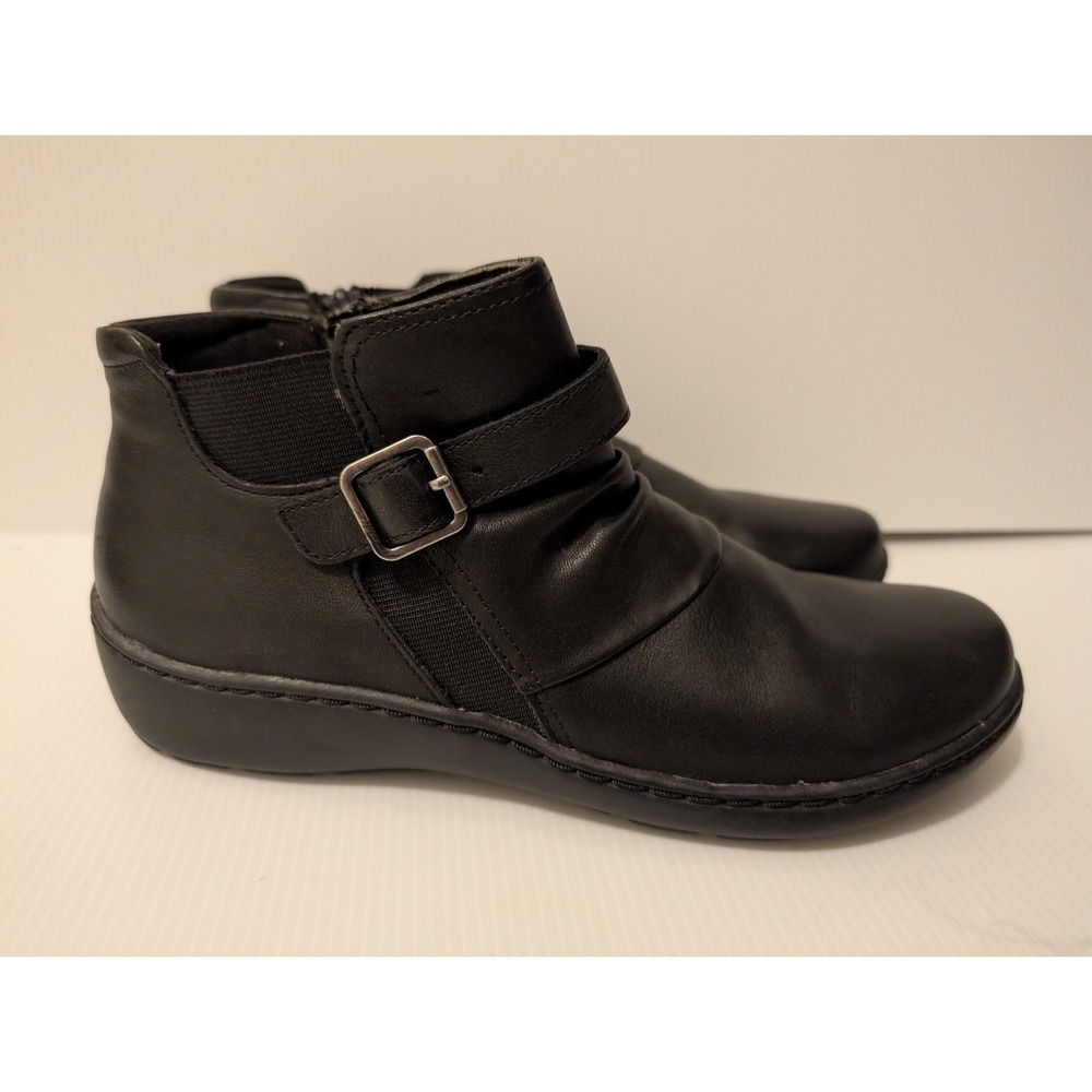 Clarks Women Shoes‎ 8M Cora Rouched Ankle Boot Black Leather Strap Buckle